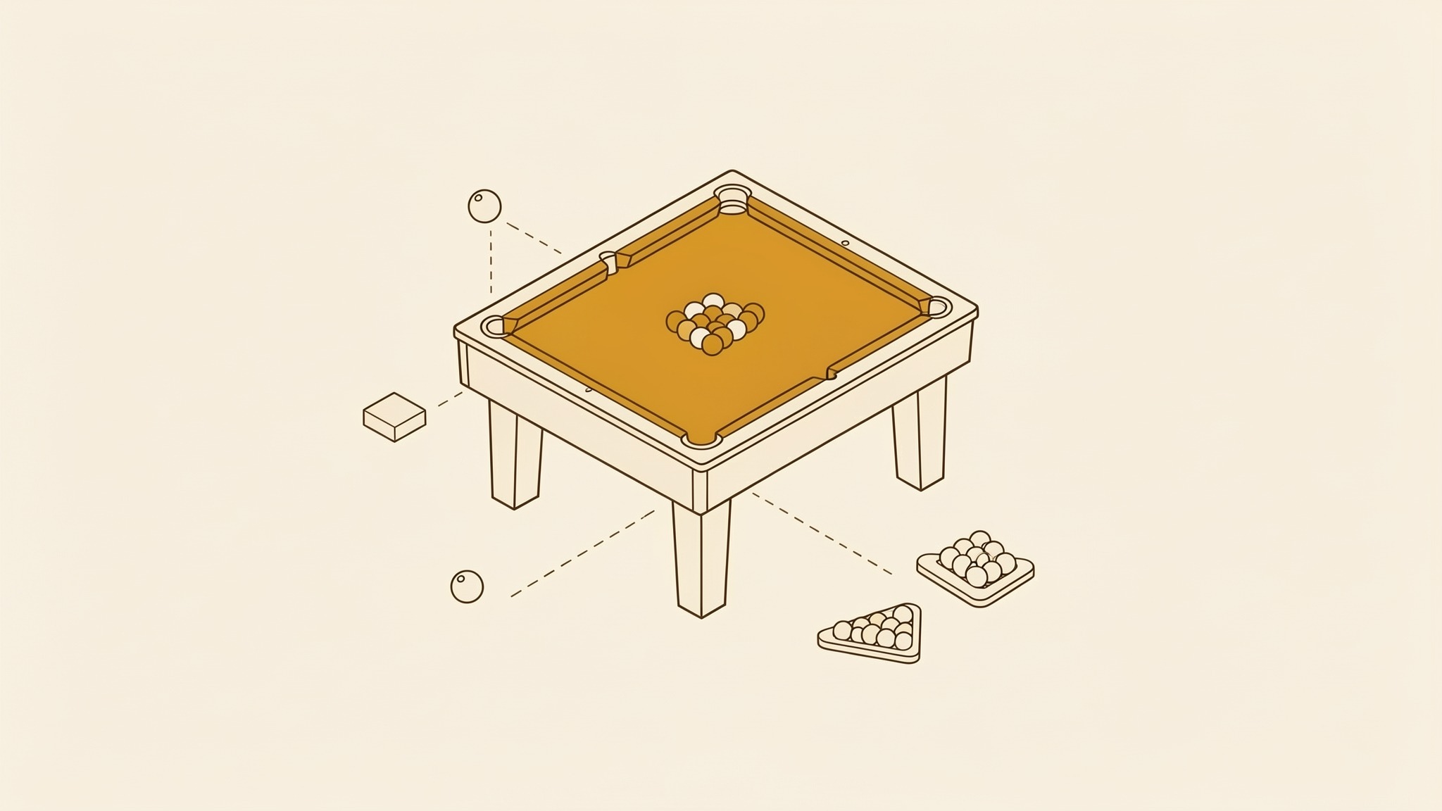 An isometric illustration of a pool table on six legs, with corner pockets and a cluster of balls on its baize