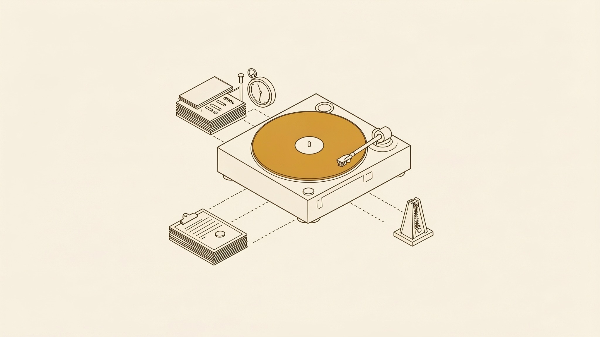 An isometric illustration of a record player with a turntable, a tonearm and a record on the platter