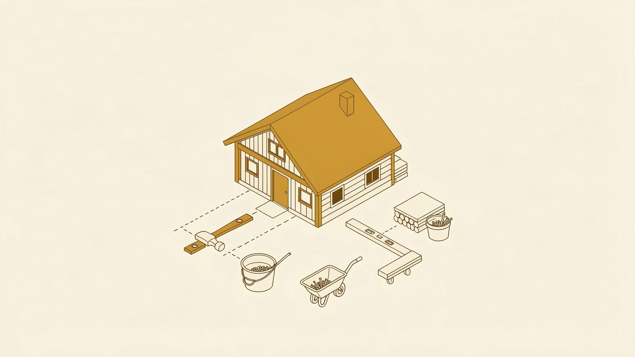 An isometric illustration of a small timber house beside a neat stack of sawn lumber