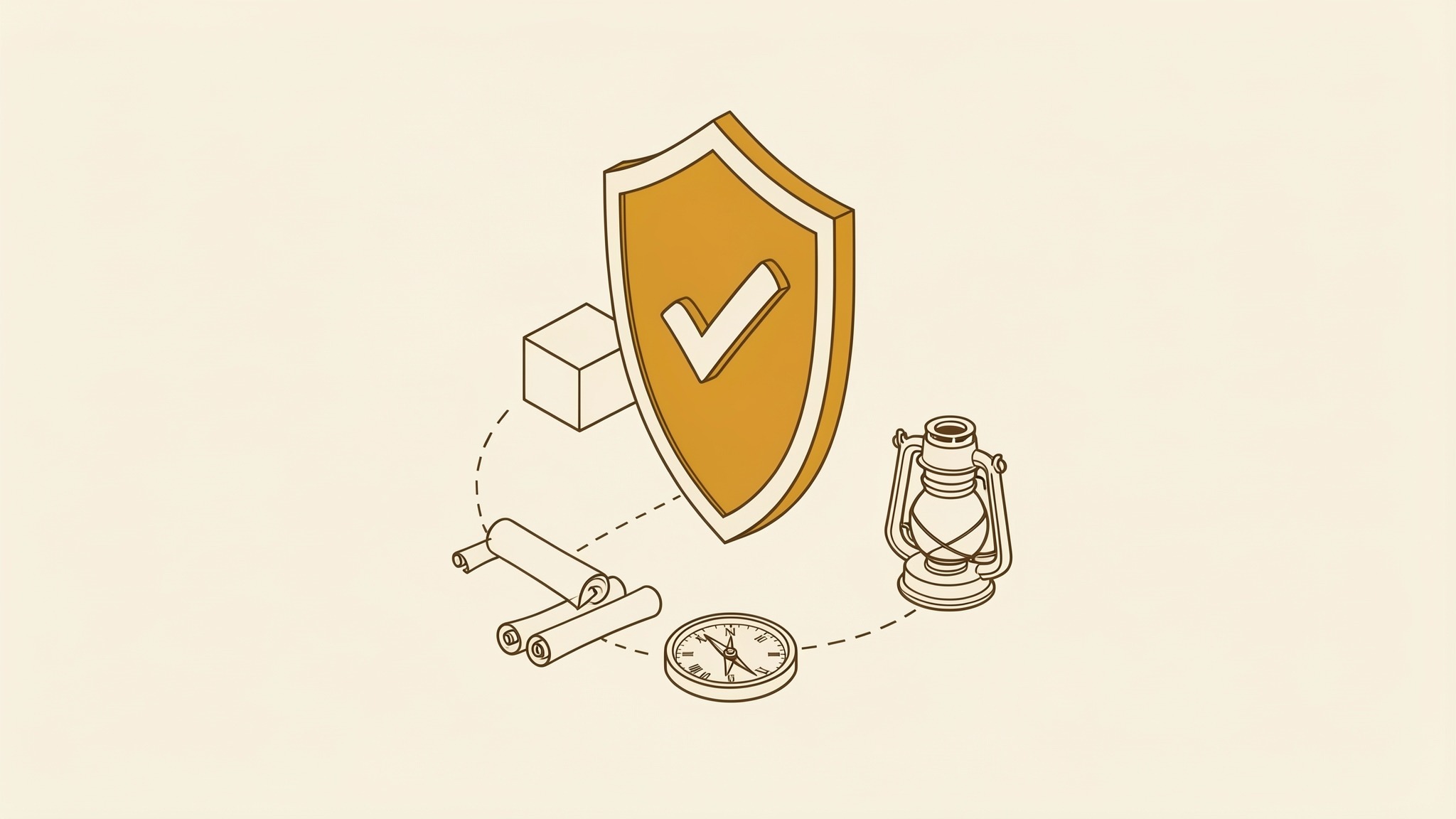 An isometric illustration of a shield with a check mark raised on its face