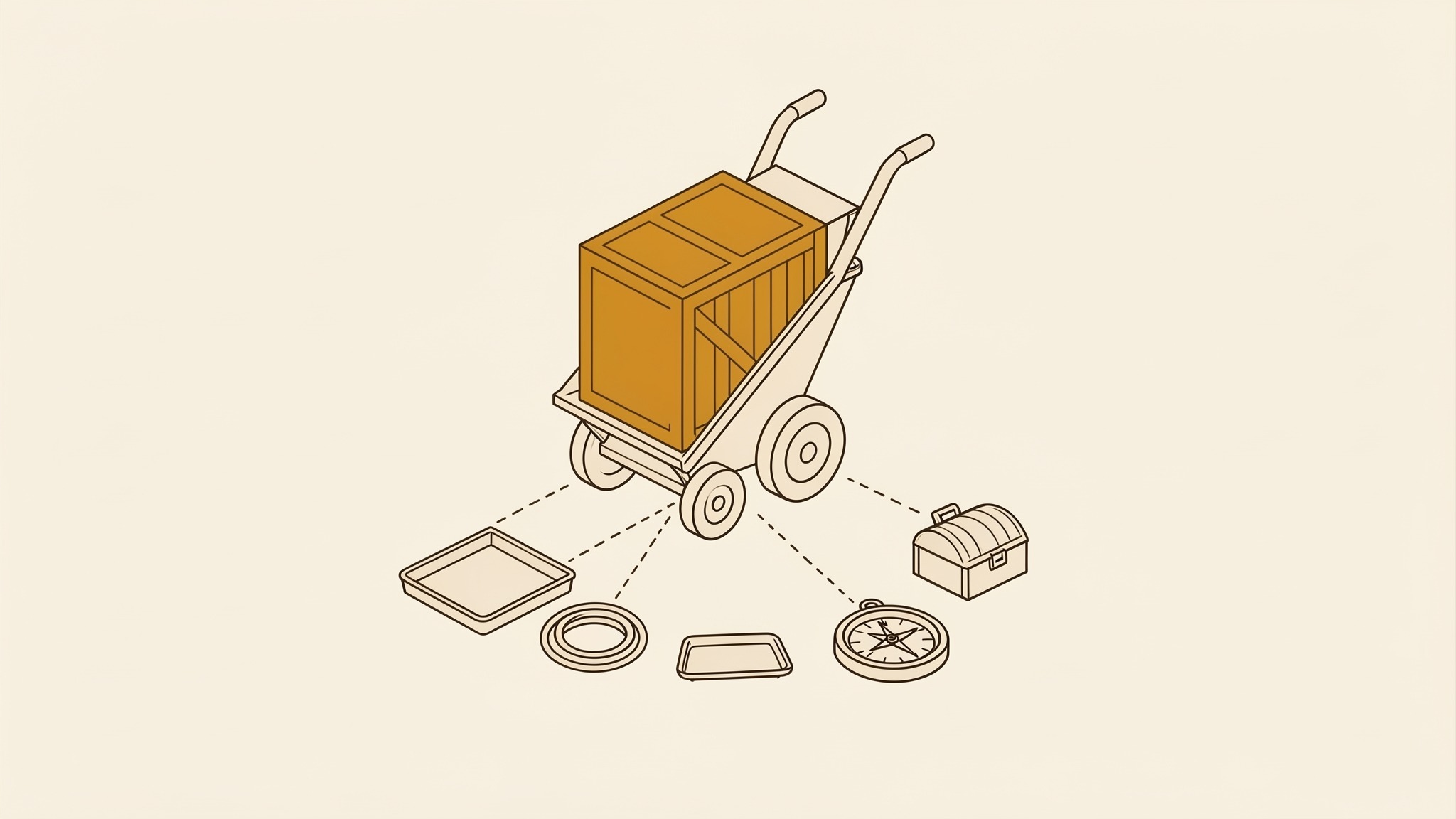An isometric illustration of a hand truck tilted back with one crate loaded on it