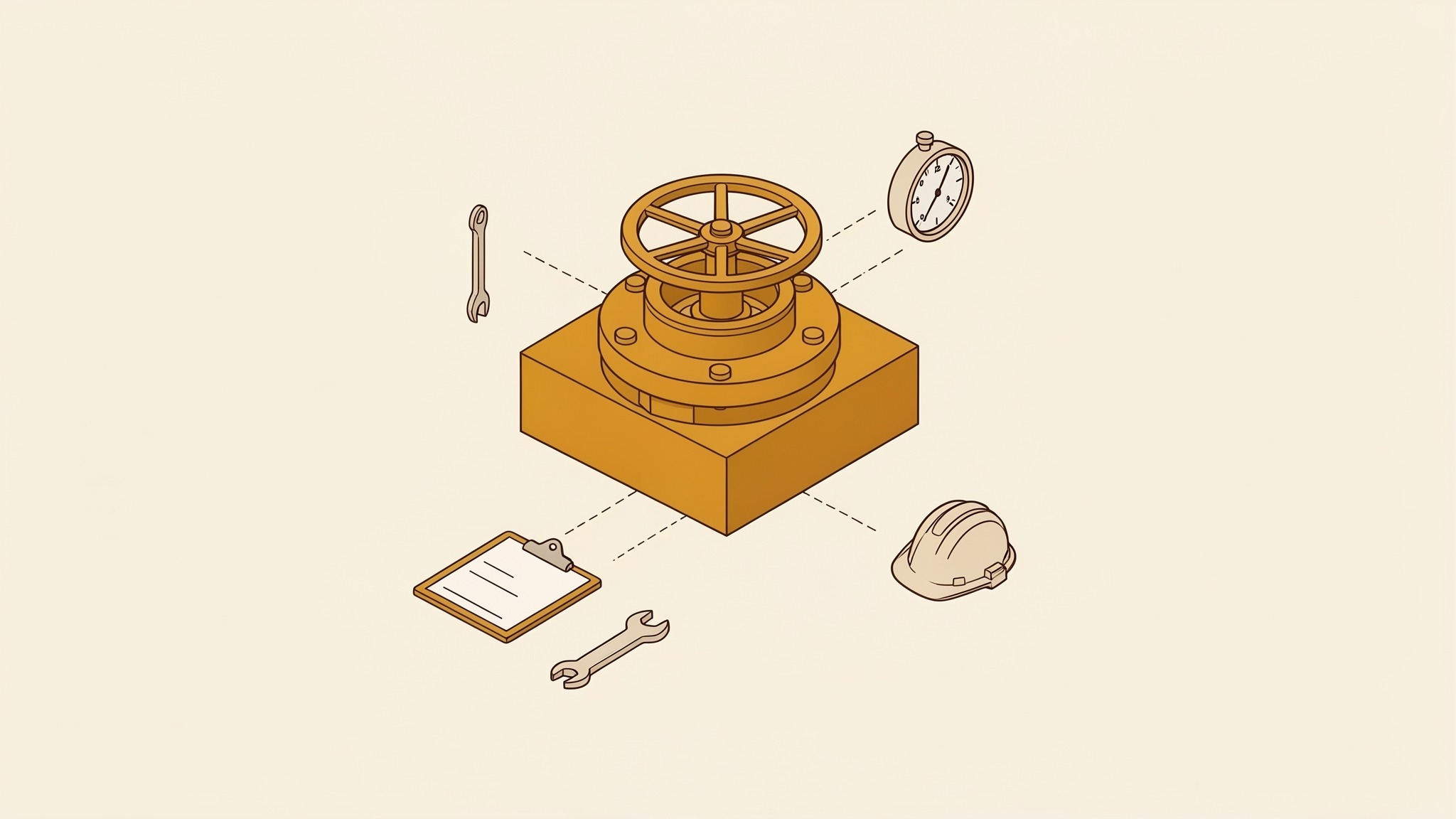 An isometric illustration of a bolted pipe flange with a spoked valve wheel on top