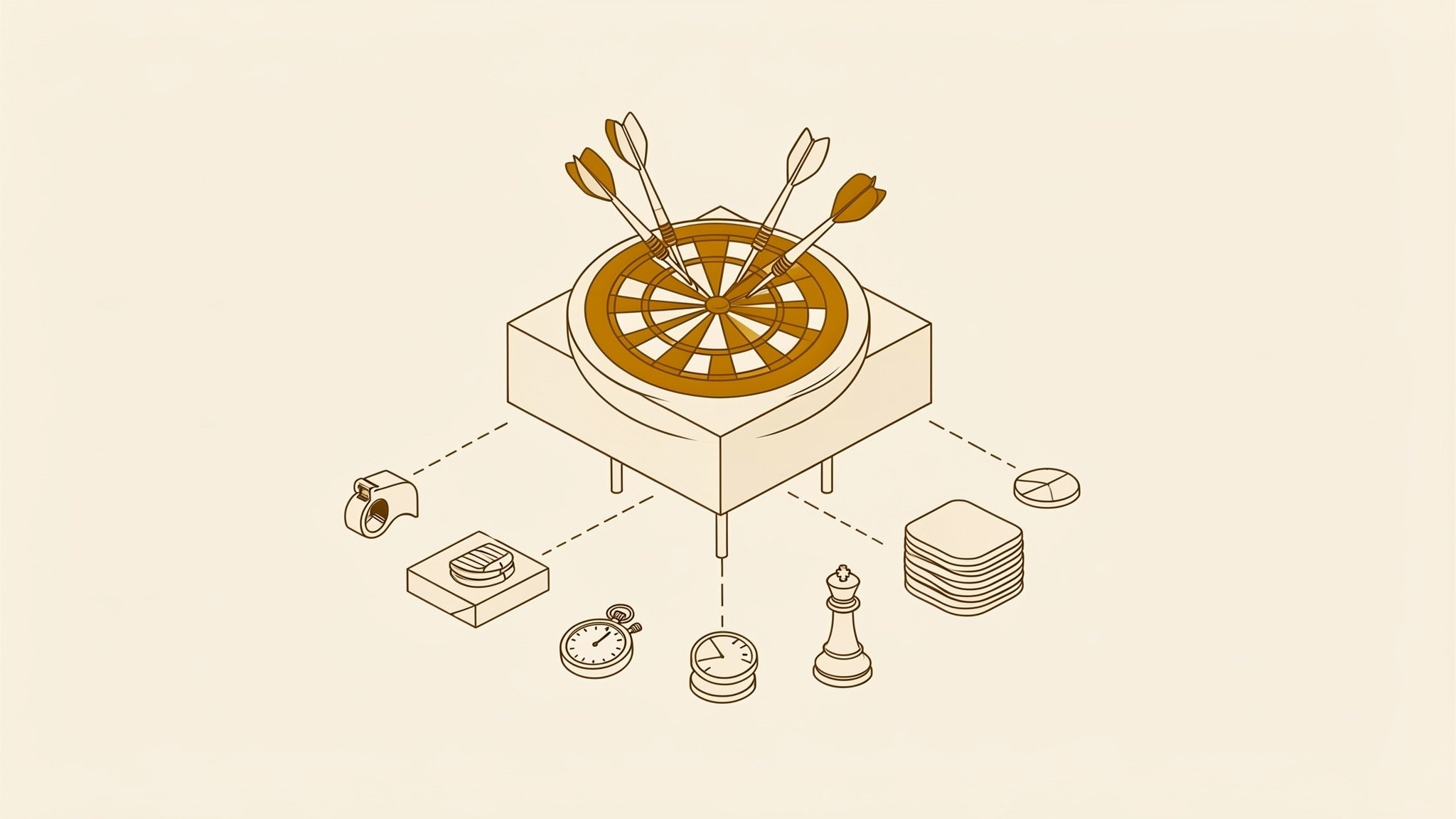 An isometric illustration of a dartboard on a short stand with three darts landed in it