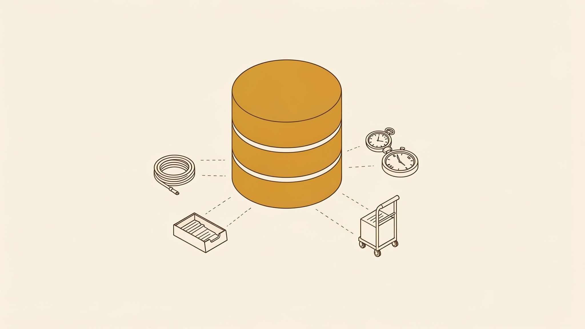 An isometric illustration of a database — a tall stack of three wide cylindrical discs