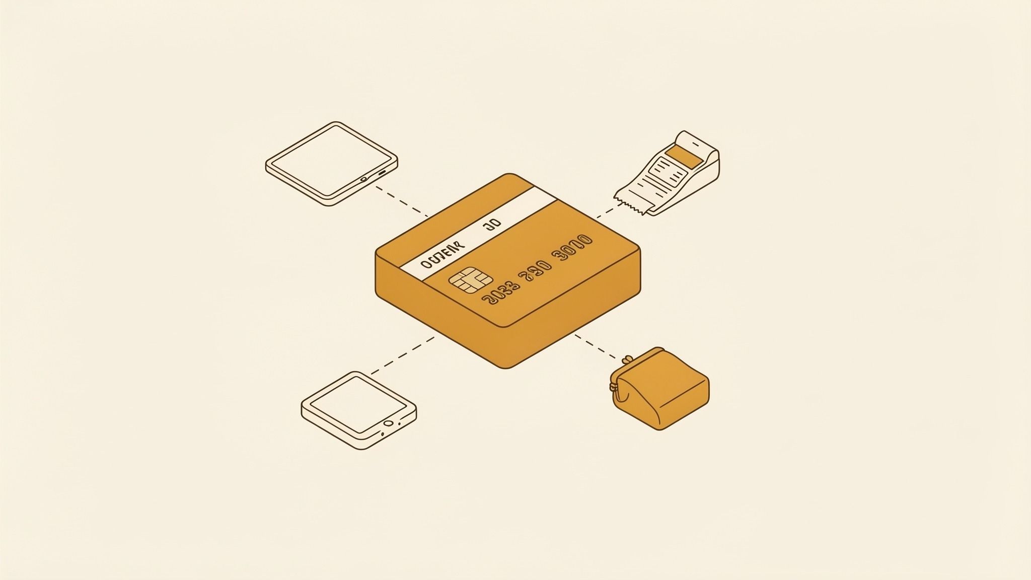 An isometric illustration of a bank card — a flat rounded rectangle with a chip and a raised number band